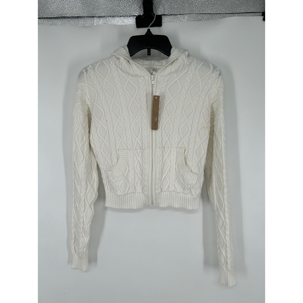 Skims Snow‎ Bunny Shrunken Hoodie Womens XS Cable Knit Cropped Full Zip Up